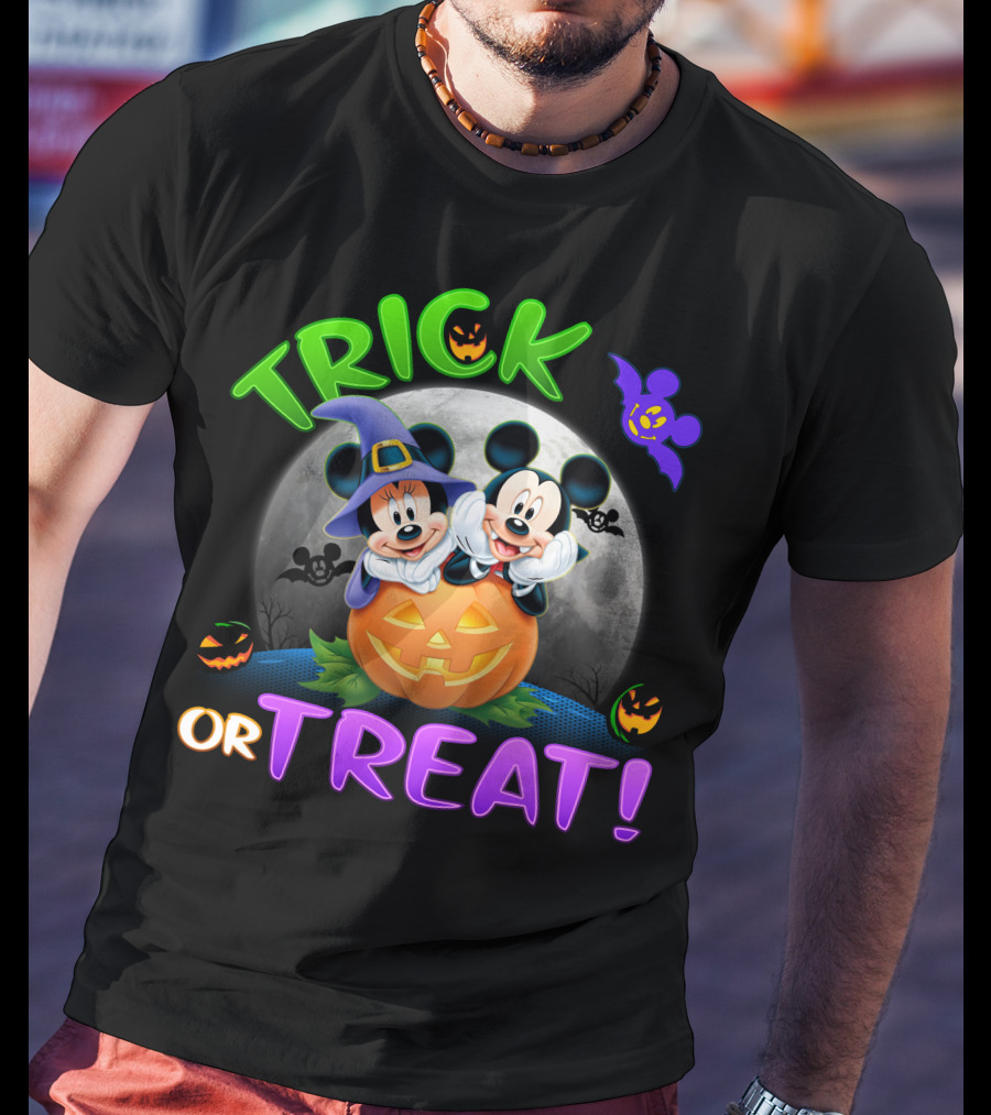 Trick Or Treat Mickey And Minnie Halloween Pumpkin Moon Bat T-Shirt