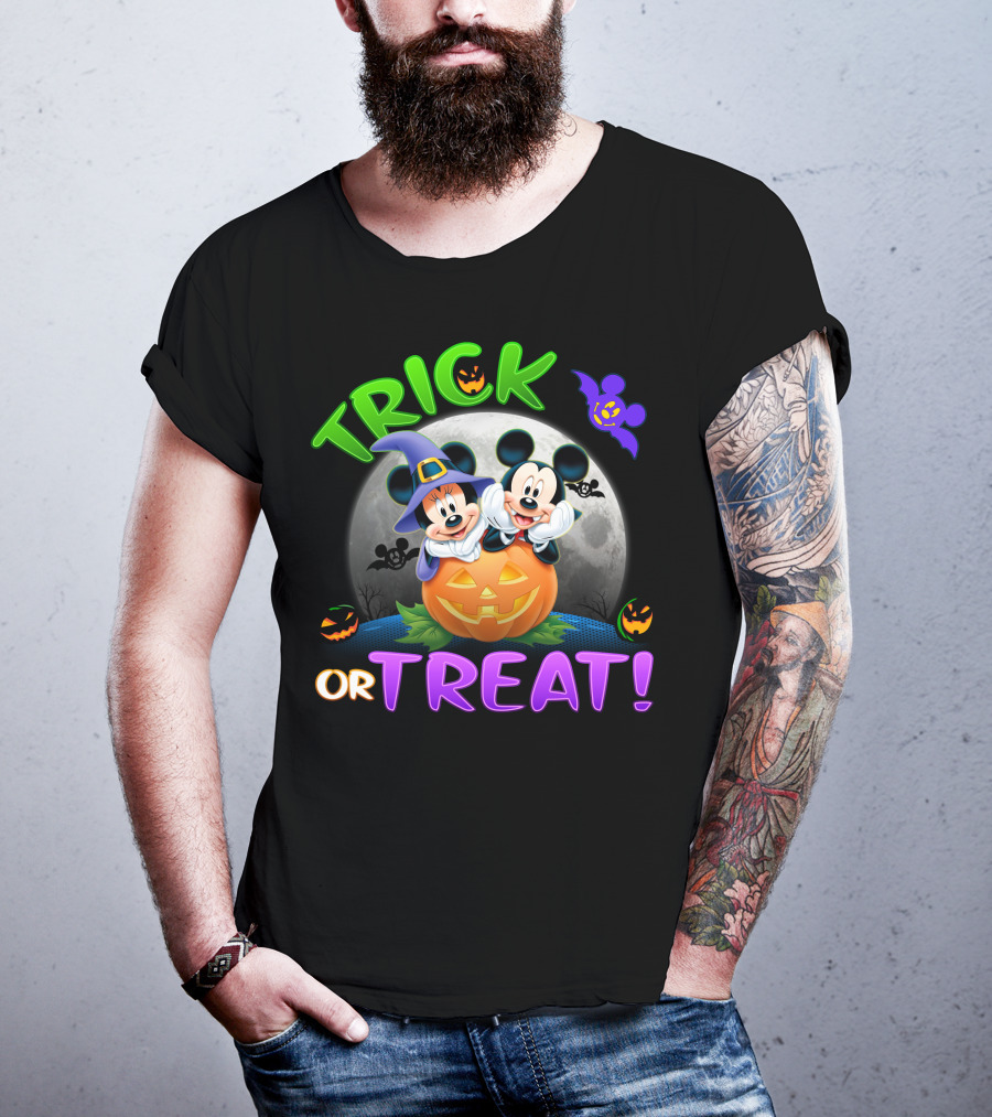 Trick Or Treat Mickey And Minnie Halloween Pumpkin Moon Bat T-Shirt