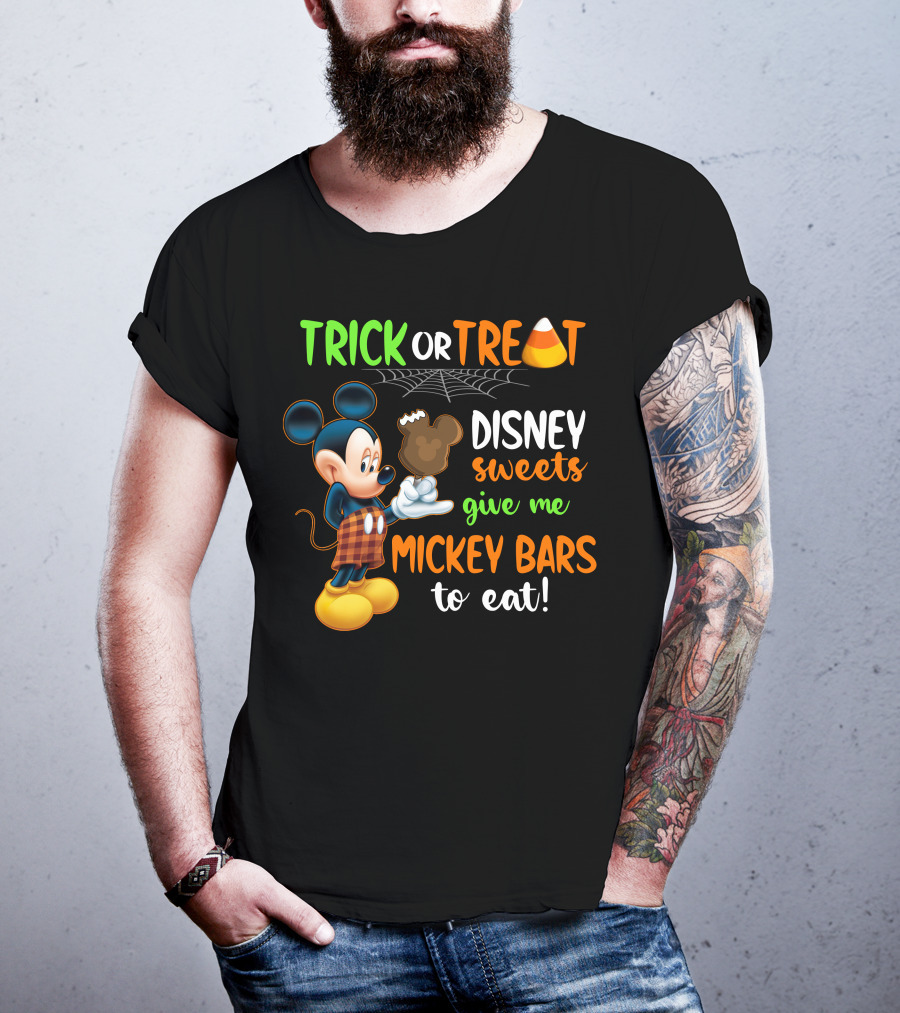 Trick Or Treat Disney Sweets Give Me Mickey Bars To Eat Candy Corn And Spiderweb With Mickey Mouse Eating Chocolate Ice Cream T-Shirt