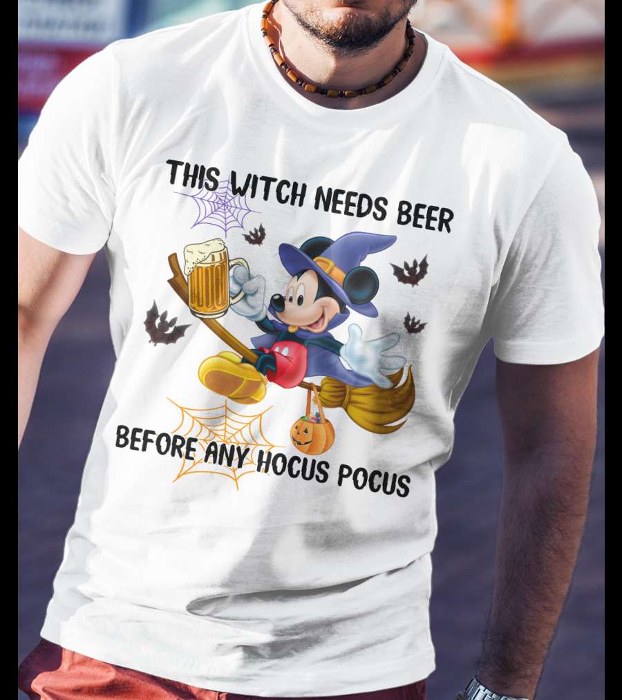 This Witch Needs Beer Before Any Hocus Pocus Halloween Character On Broom With Pumpkin And Beer Mug T-Shirt