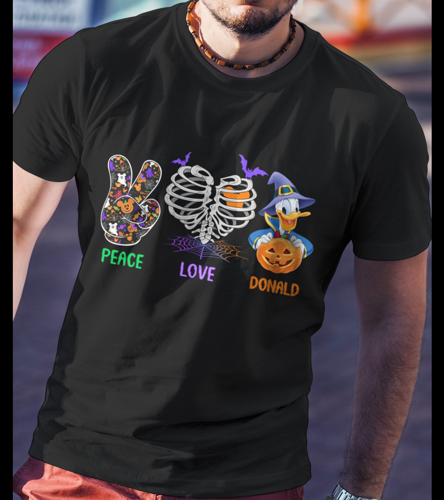 Peace Love Donald Halloween Duck With Pumpkin And Bats T-Shirt