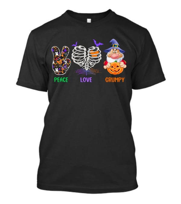 Peace Love Grumpy Halloween Gnome Pumpkins Rib Cage Bat T-Shirt