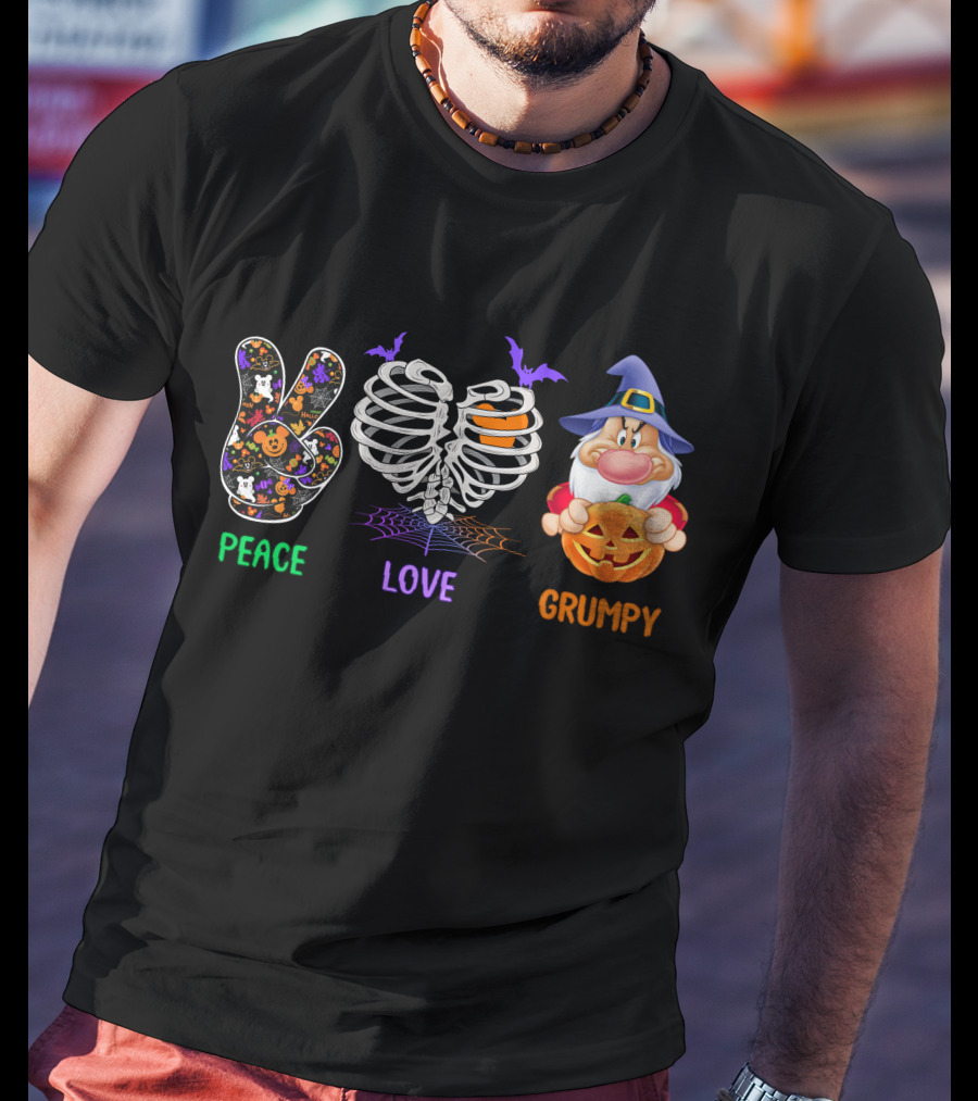 Peace Love Grumpy Halloween Gnome Pumpkins Rib Cage Bat T-Shirt