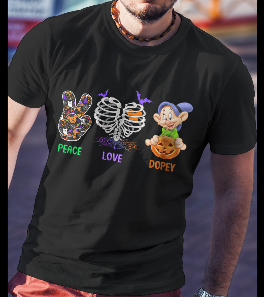 Peace Love Dopey Halloween Skeleton Pumpkin T-Shirt