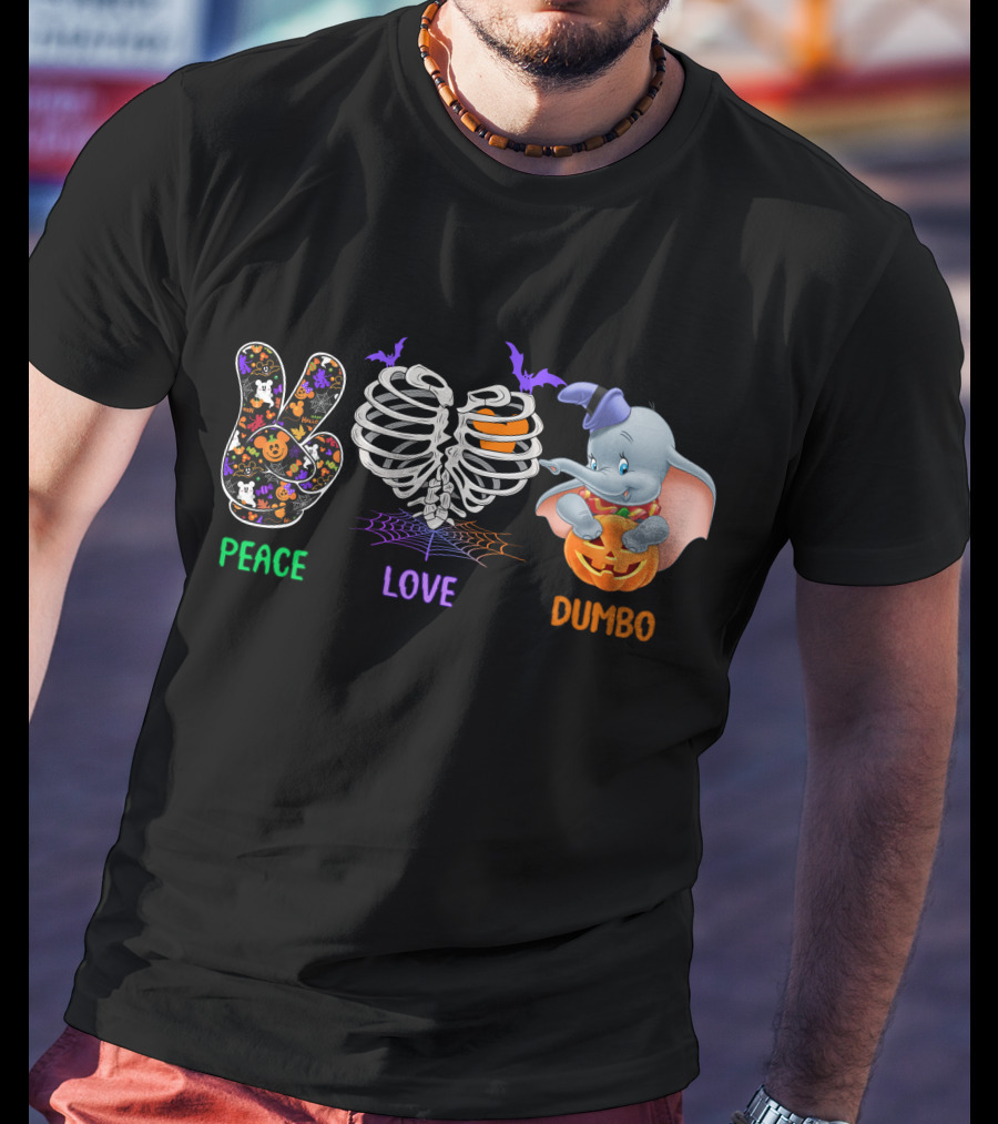 Peace Love Dumbo Halloween Pumpkin Skeleton T-Shirt