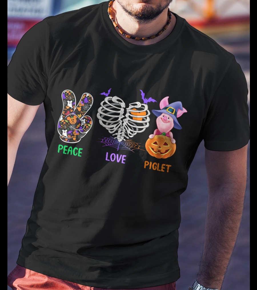Peace Love Piglet Halloween Theme Pumpkin Skeleton Bats T-Shirt