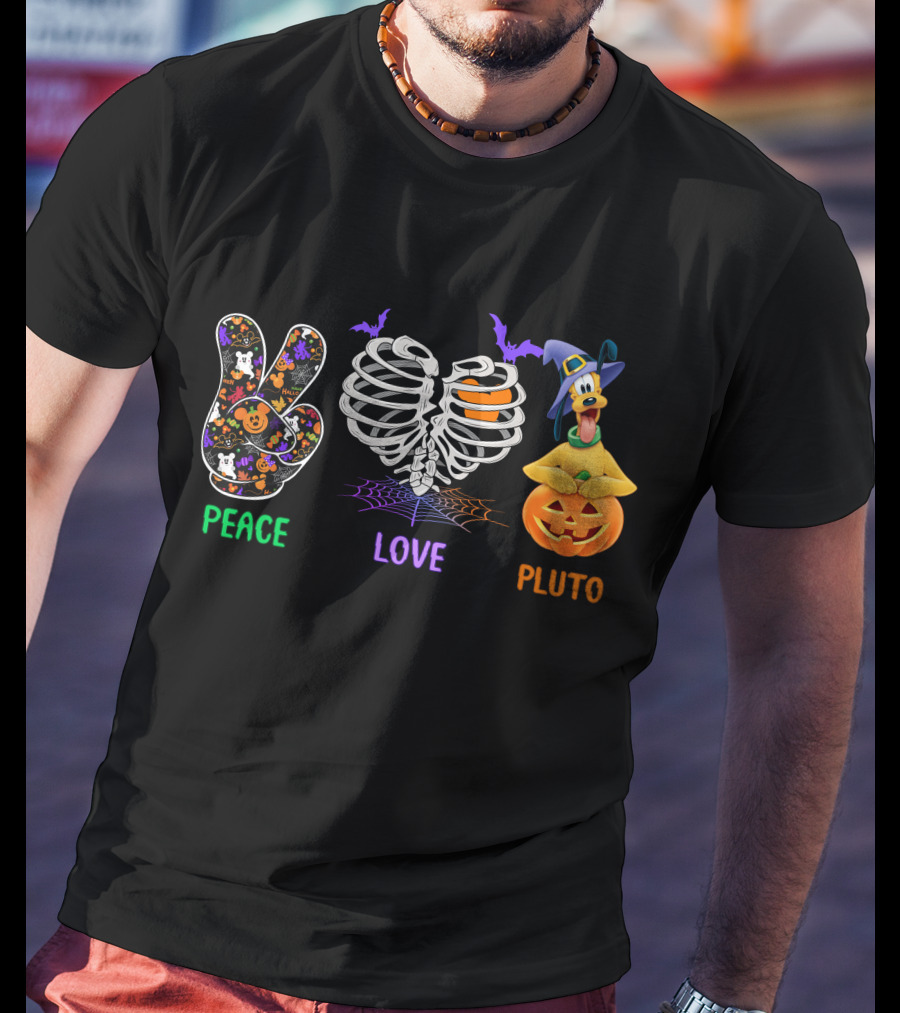 Peace Love Pluto Halloween Pumpkin And Skeleton Rib Cage With Bat Accents T-Shirt