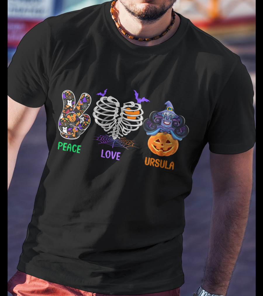 Peace Love Ursula Halloween Pumpkin Bat Skeleton T-Shirt