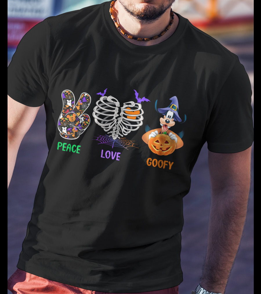 Peace Love Goofy Halloween Skeleton Ribcage Pumpkin And Bat Icons T-Shirt