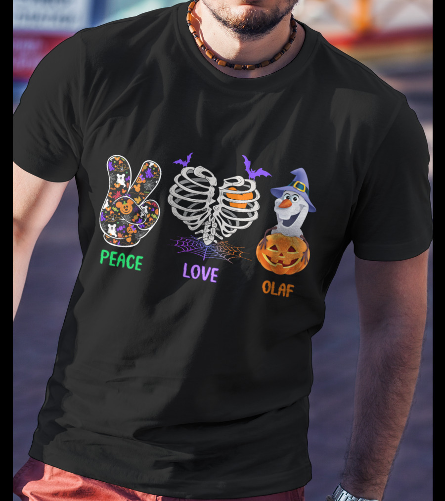 Peace Love Olaf Halloween Pumpkin Skeleton Bats T-Shirt