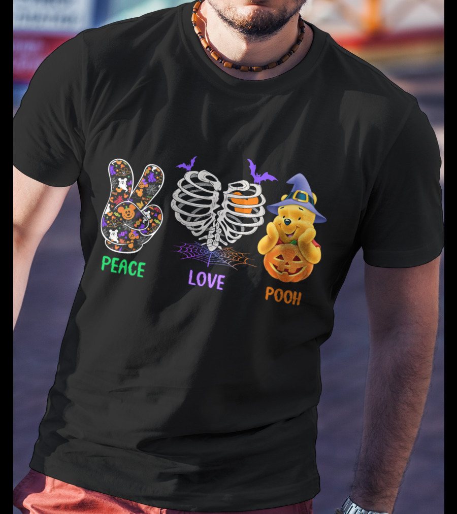 Peace Love Pooh Halloween Pumpkin Skeleton Ribs T-Shirt