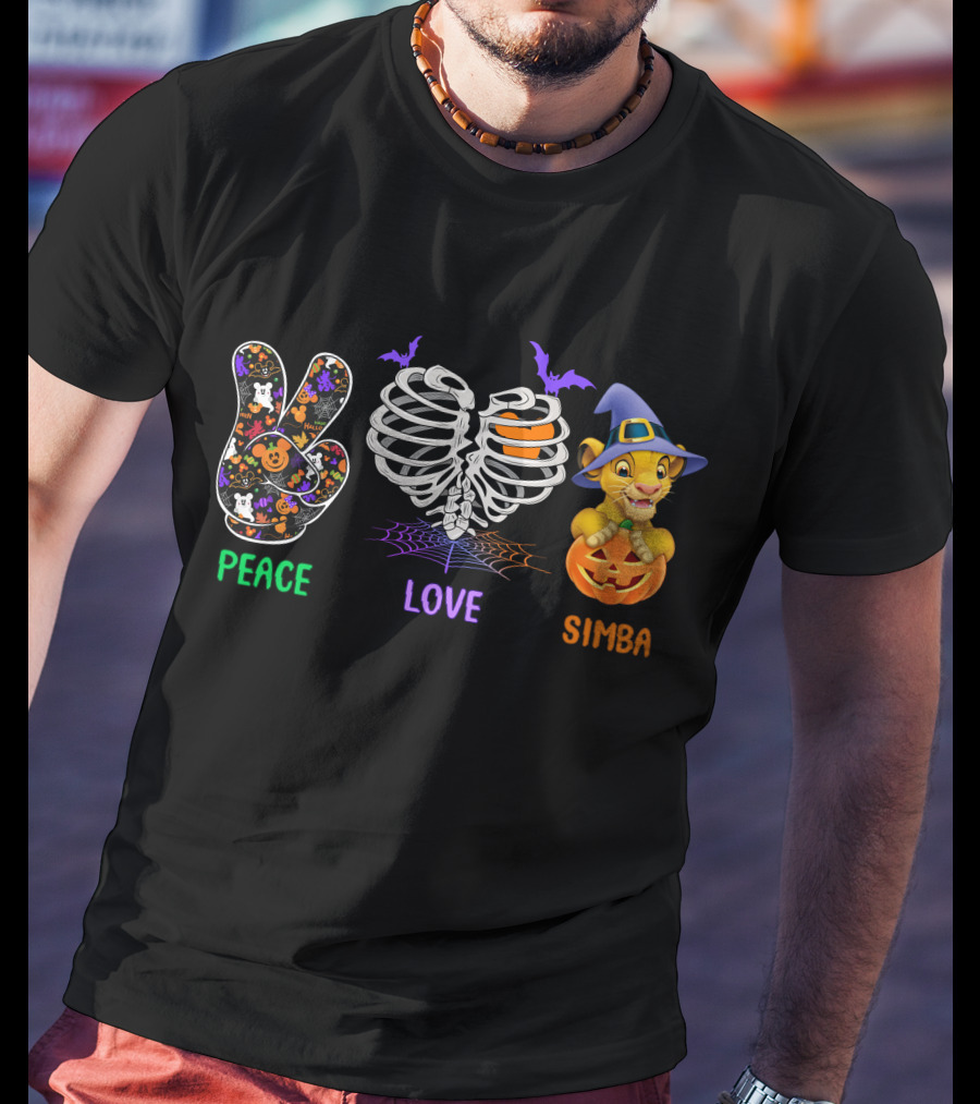 Peace Love Simba Halloween Ribs Pumpkin Bats T-Shirt