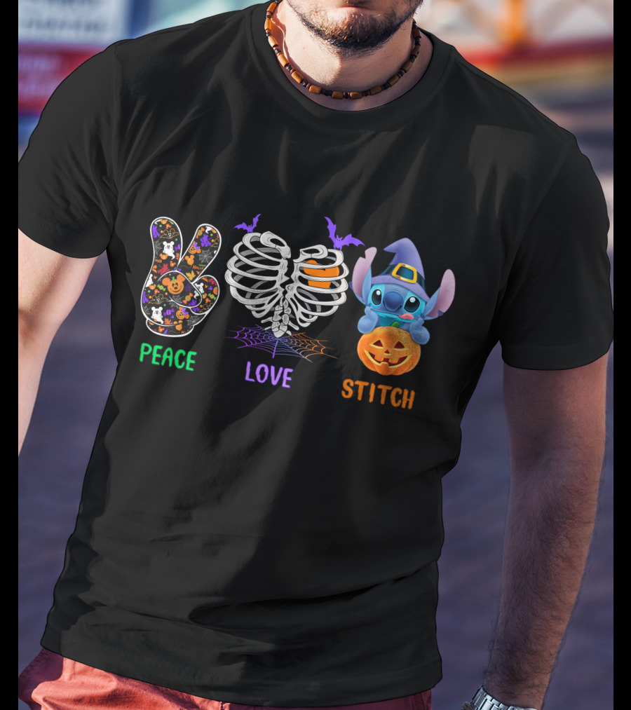 Peace Love Stitch Halloween Pumpkin Skeleton Bat T-Shirt