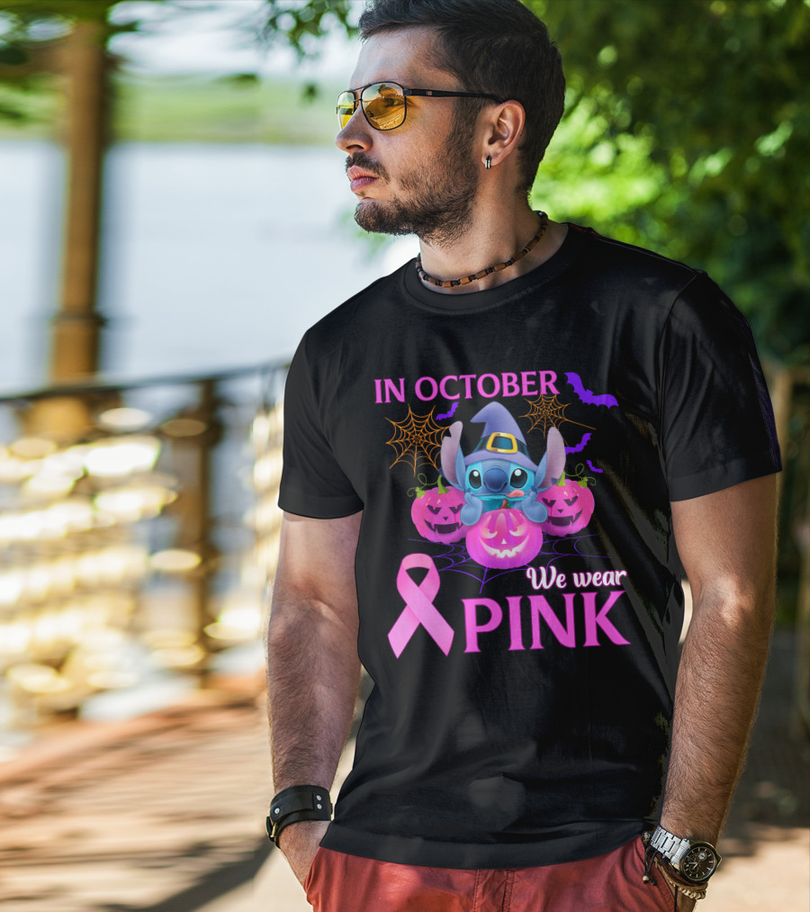 In October We Wear Pink Stitch Halloween Breast Cancer Awareness T-Shirt