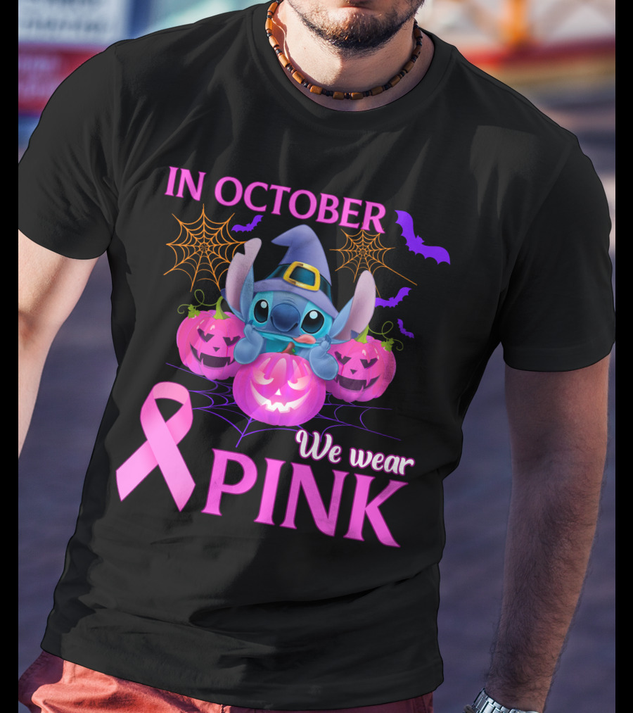 In October We Wear Pink Stitch Halloween Breast Cancer Awareness T-Shirt