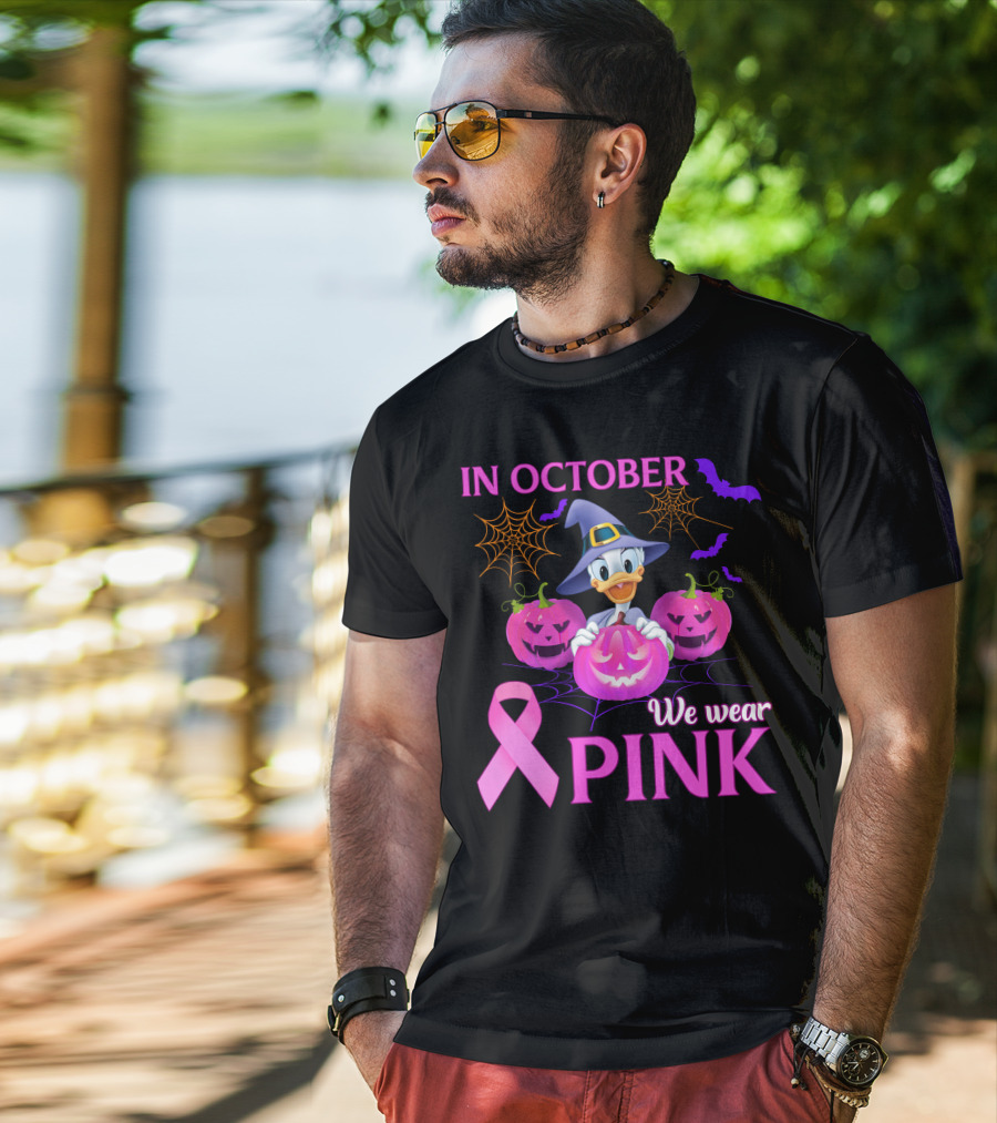 In October We Wear Pink Daisy D Breast Cancer Awareness Halloween Theme T-Shirt