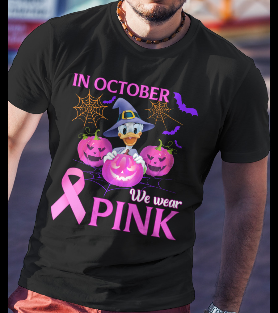 In October We Wear Pink Daisy D Breast Cancer Awareness Halloween Theme T-Shirt