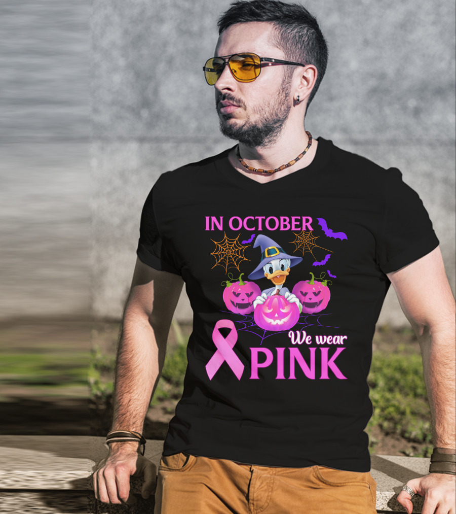 In October We Wear Pink Daisy D Breast Cancer Awareness Halloween Theme T-Shirt