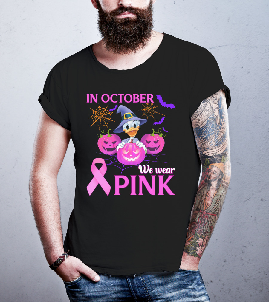 In October We Wear Pink Daisy D Breast Cancer Awareness Halloween Theme T-Shirt