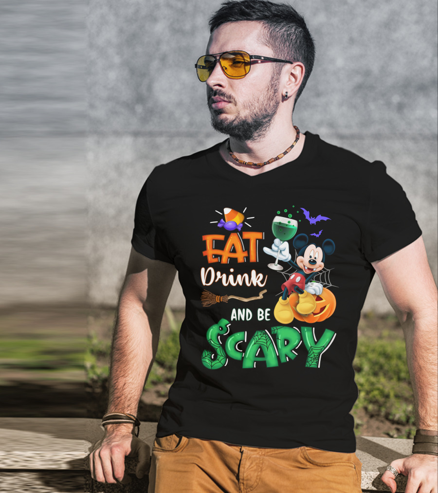 Eat Drink And Be Scary Mickey Halloween Wine Candy Bats Broom Pumpkin T-Shirt