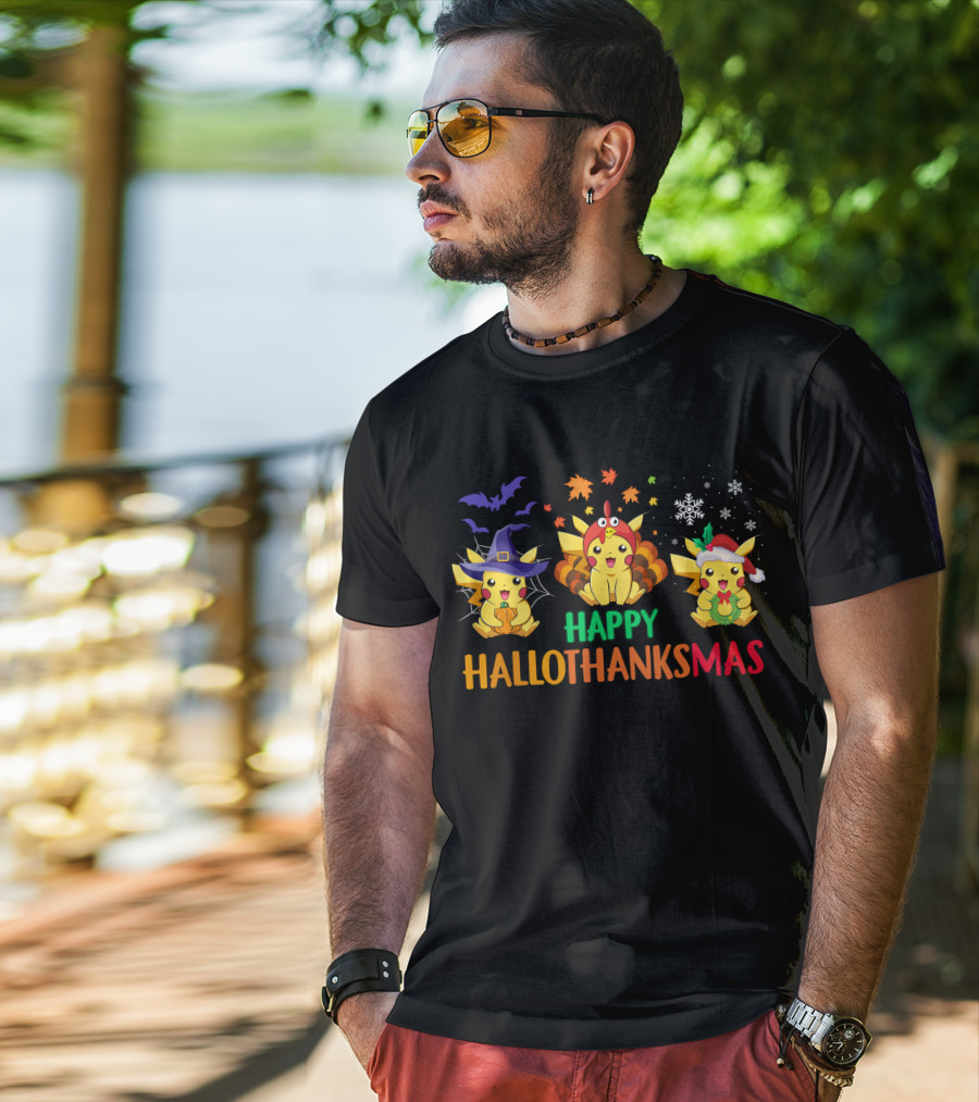 PIKACHU Happy HalloThanksMas Halloween Thanksgiving Christmas T-Shirt