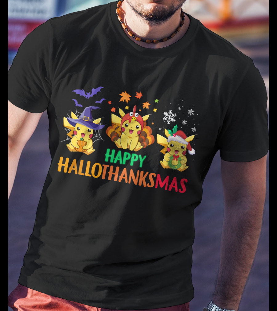 PIKACHU Happy HalloThanksMas Halloween Thanksgiving Christmas T-Shirt