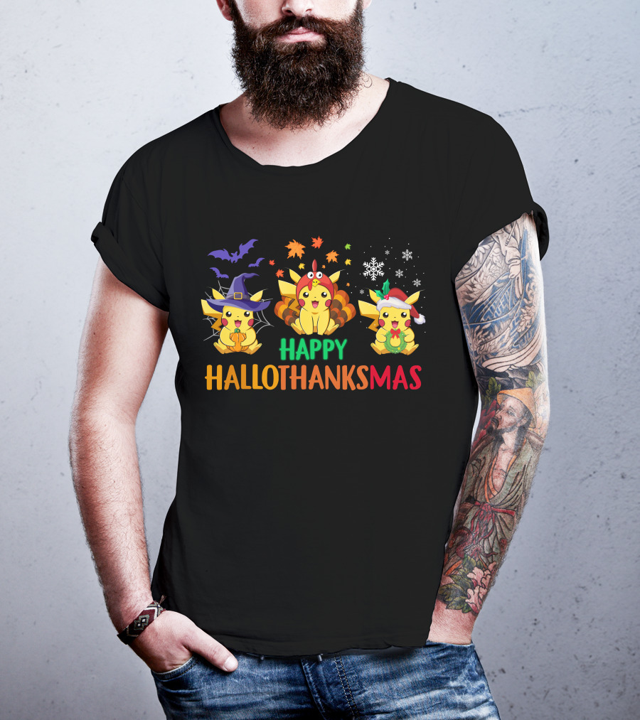PIKACHU Happy HalloThanksMas Halloween Thanksgiving Christmas T-Shirt
