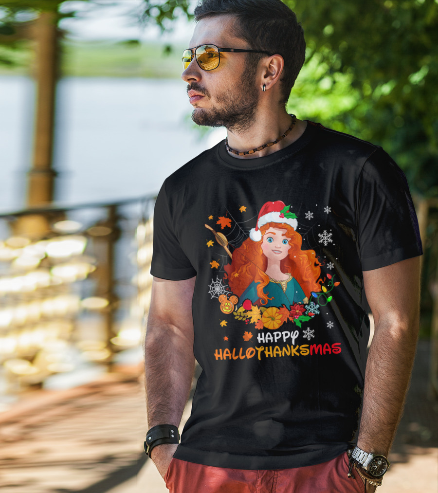 Merida Happy Hallothanksmas With Leaves And Snowflakes T-Shirt