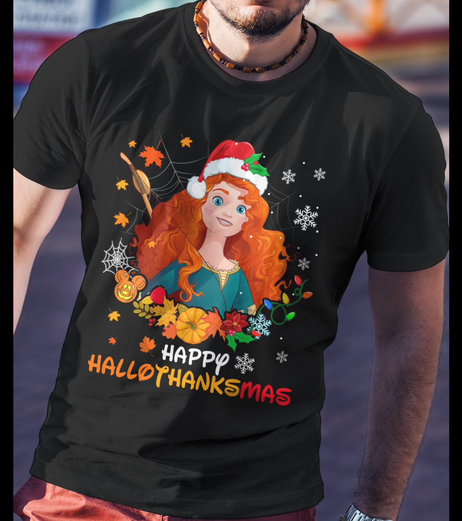 Merida Happy Hallothanksmas With Leaves And Snowflakes T-Shirt