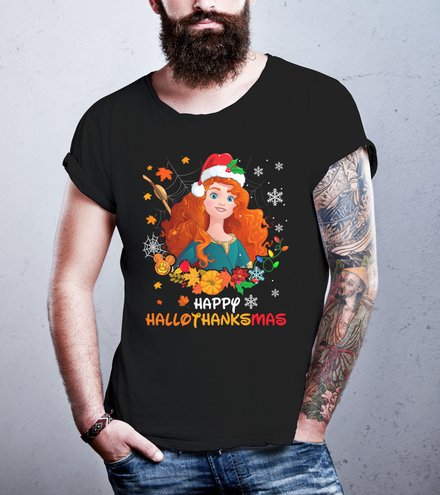 Merida Happy Hallothanksmas With Leaves And Snowflakes T-Shirt