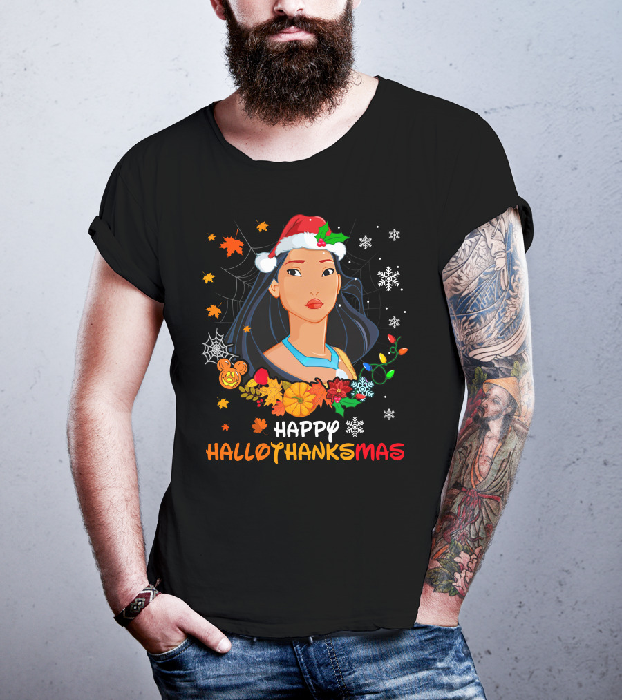 Happy Hallowthanksmas Pocahontas Santa Hat Thanksgiving Christmas Halloween T-Shirt
