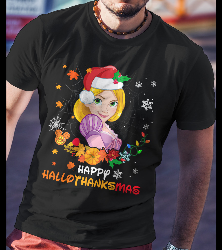 Happy Hallothanksmas Rapunzel Holiday Cheer With Festive Santa Hat And Seasonal Elements T-Shirt
