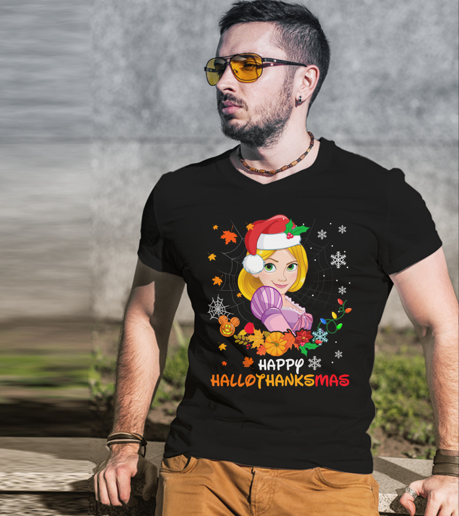 Happy Hallothanksmas Rapunzel Holiday Cheer With Festive Santa Hat And Seasonal Elements T-Shirt