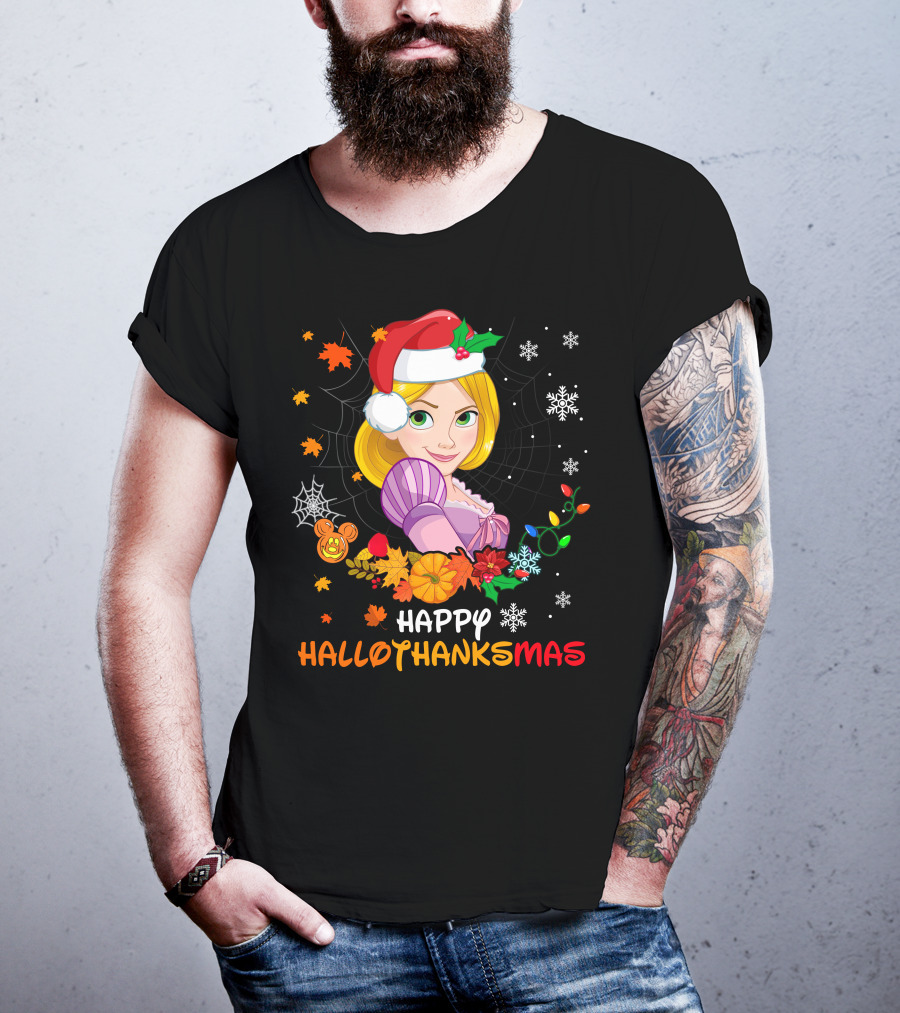Happy Hallothanksmas Rapunzel Holiday Cheer With Festive Santa Hat And Seasonal Elements T-Shirt