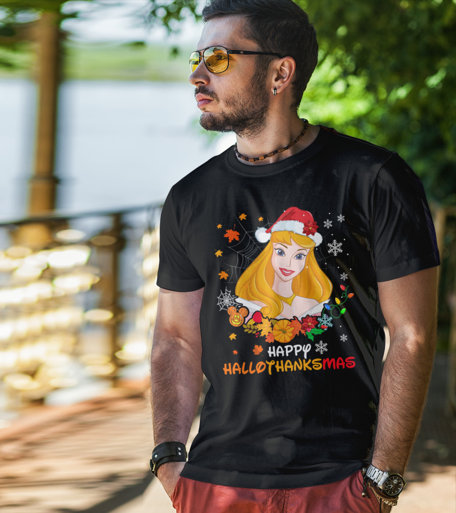 Happy Hallothanksmas Aurora Santa Hat Snowflakes Leaves T-Shirt