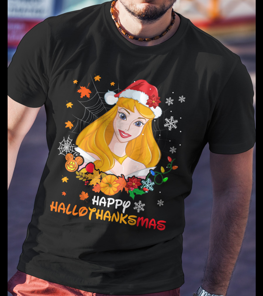 Happy Hallothanksmas Aurora Santa Hat Snowflakes Leaves T-Shirt