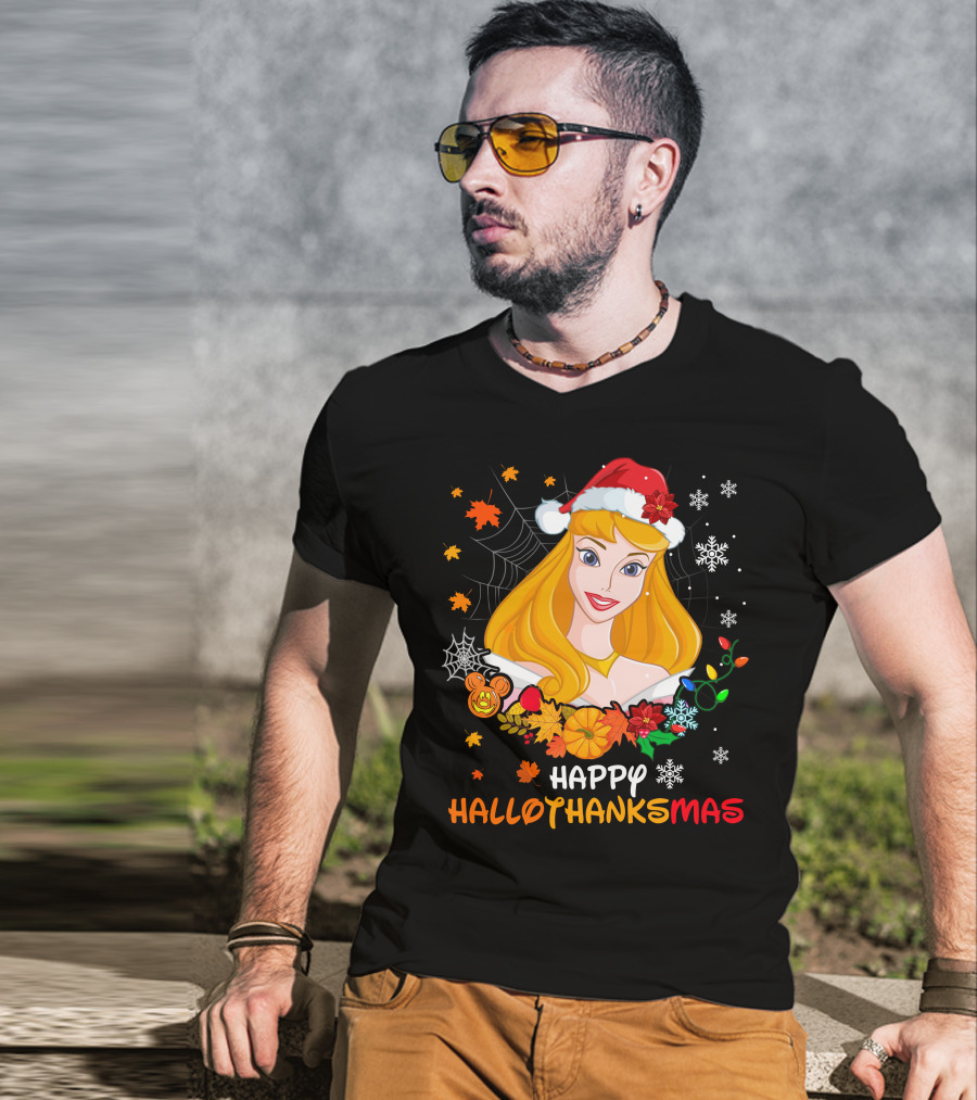 Happy Hallothanksmas Aurora Santa Hat Snowflakes Leaves T-Shirt