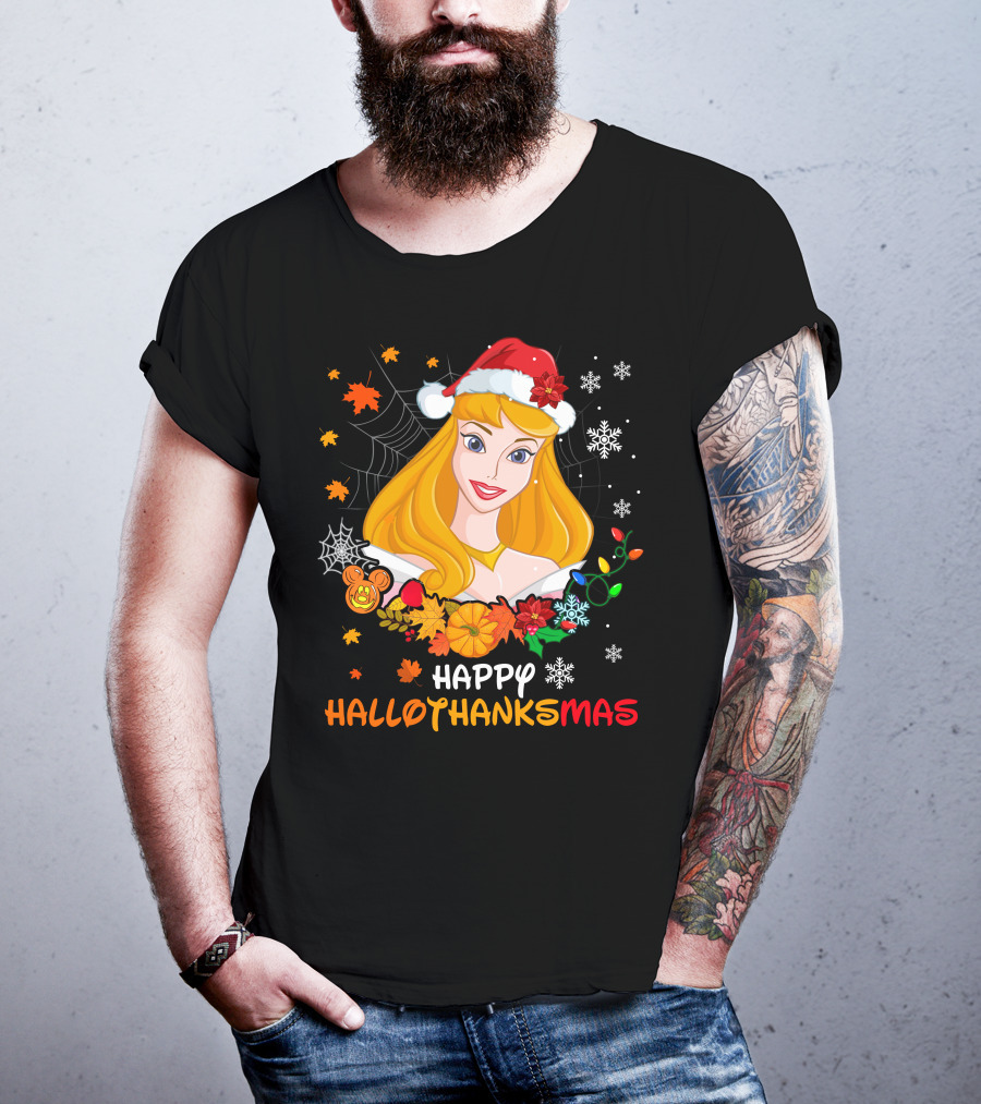 Happy Hallothanksmas Aurora Santa Hat Snowflakes Leaves T-Shirt