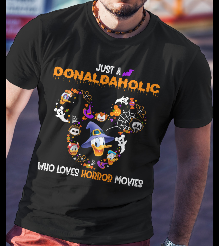Just A Donaldaholic Who Loves Horror Movies Halloween Donald Duck Ghosts Pumpkins Bat Spiderweb T-Shirt
