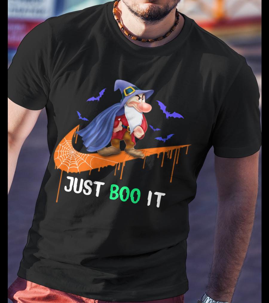 Just Boo It Witch Hat Grumpy With Purple Bats And Orange Swoosh T-Shirt