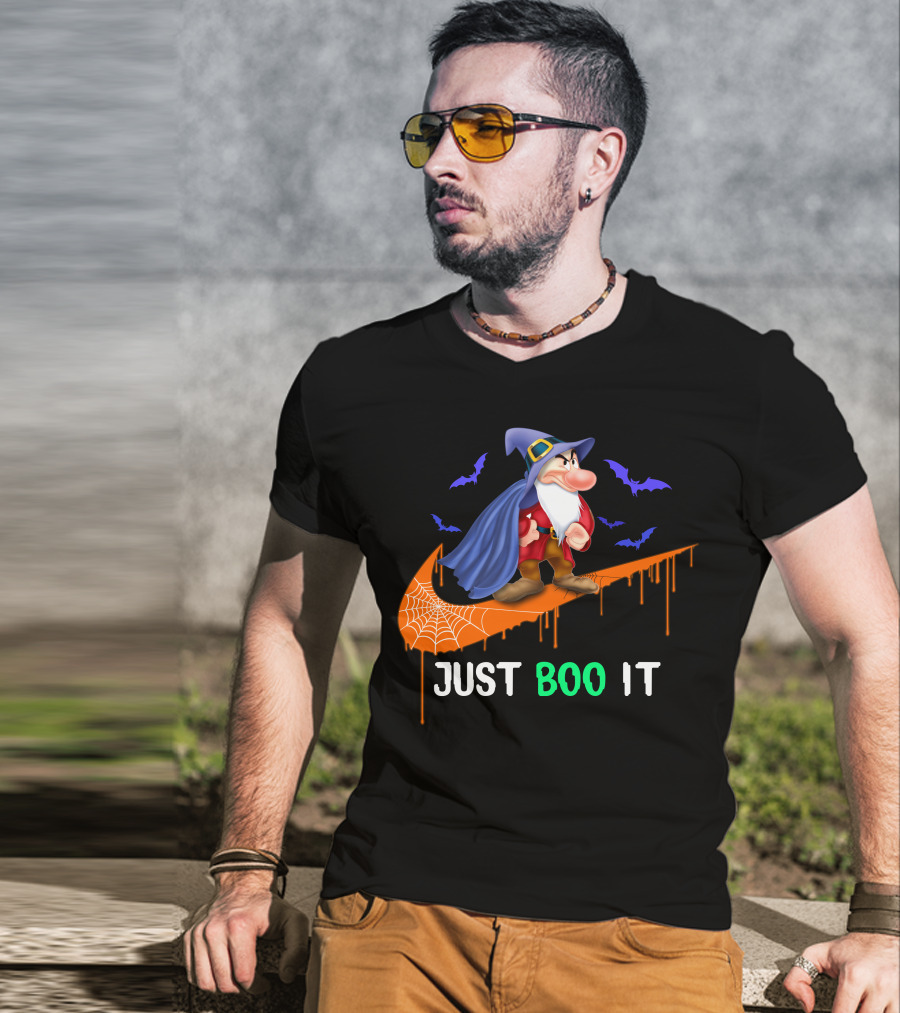 Just Boo It Witch Hat Grumpy With Purple Bats And Orange Swoosh T-Shirt