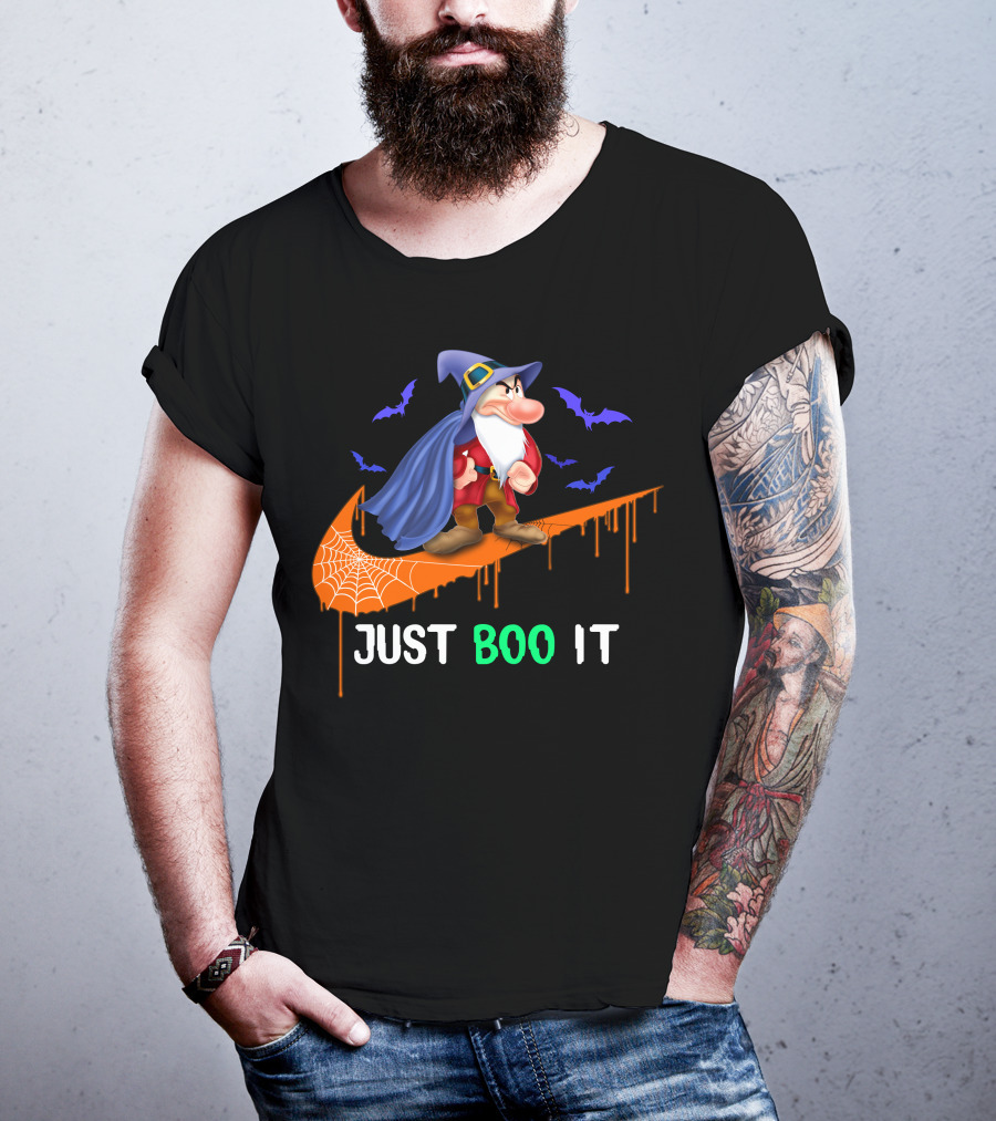 Just Boo It Witch Hat Grumpy With Purple Bats And Orange Swoosh T-Shirt