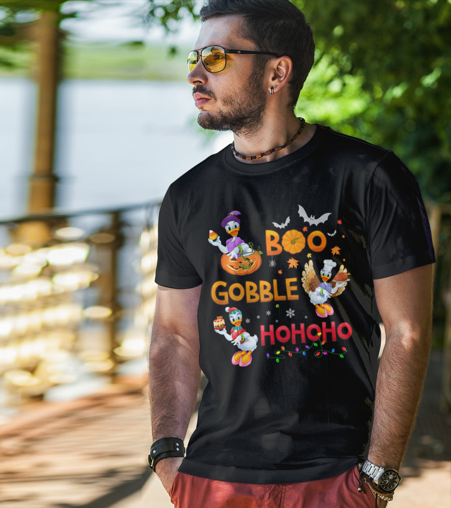 Boo Gobble Hohoho Daisy Duck Halloween Thanksgiving Christmas T-Shirt