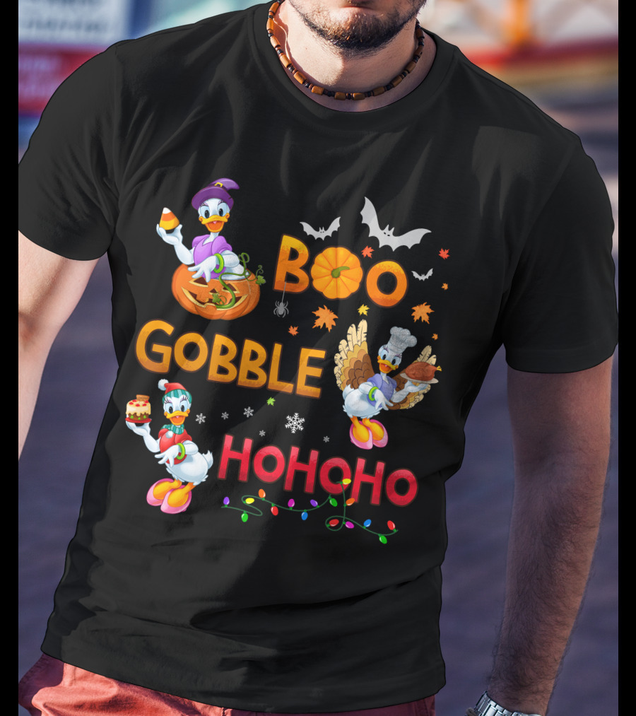 Boo Gobble Hohoho Daisy Duck Halloween Thanksgiving Christmas T-Shirt