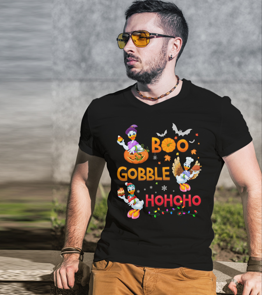 Boo Gobble Hohoho Daisy Duck Halloween Thanksgiving Christmas T-Shirt