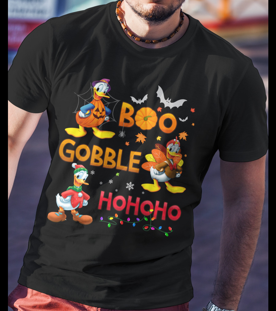 Boo Gobble Hohoho Donald Duck Halloween Thanksgiving Christmas T-Shirt
