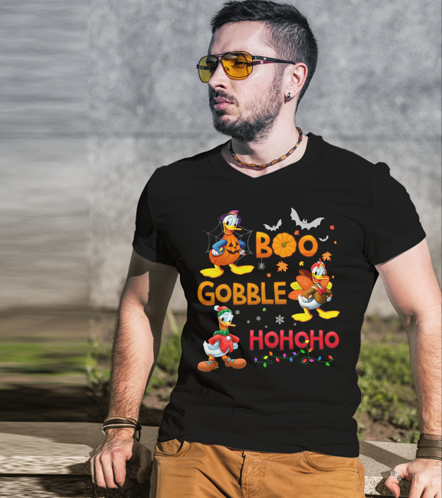 Boo Gobble Hohoho Donald Duck Halloween Thanksgiving Christmas T-Shirt