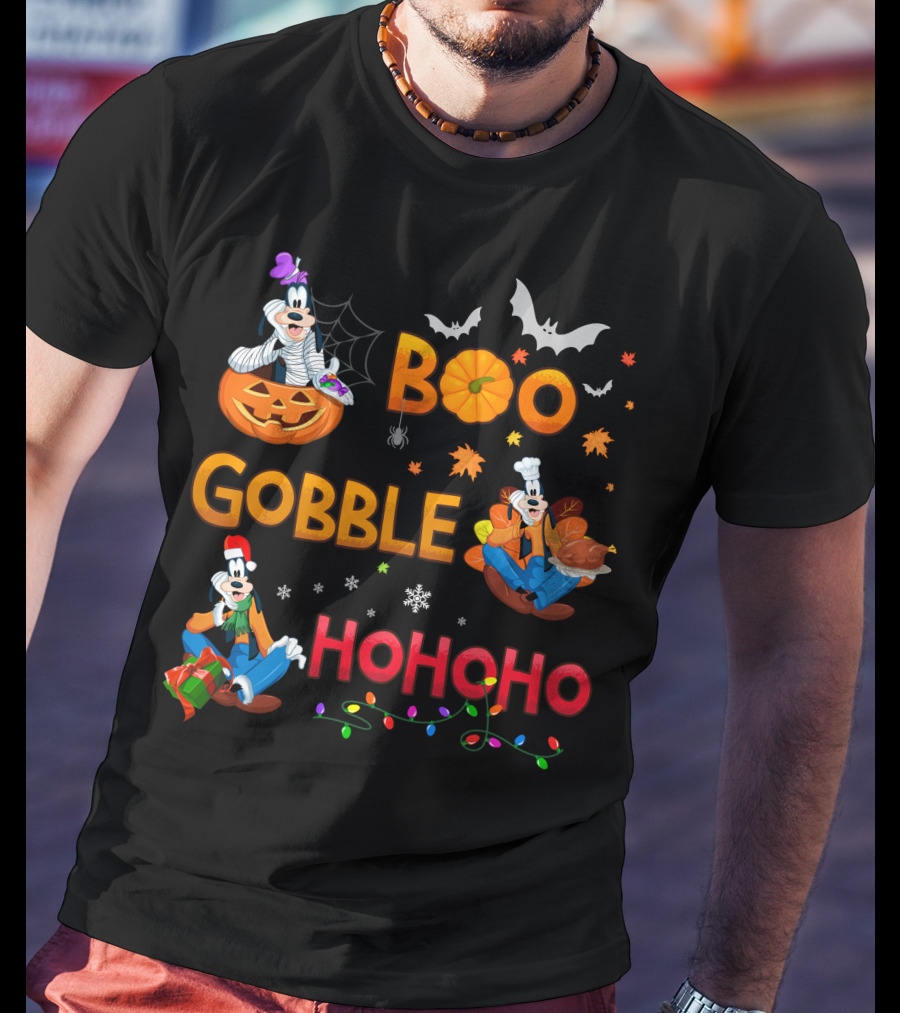 Boo Gobble Ho Ho Ho Goofy Halloween Thanksgiving Christmas T-Shirt