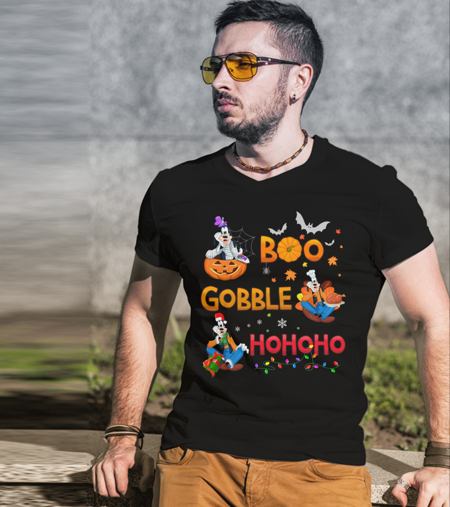 Boo Gobble Ho Ho Ho Goofy Halloween Thanksgiving Christmas T-Shirt