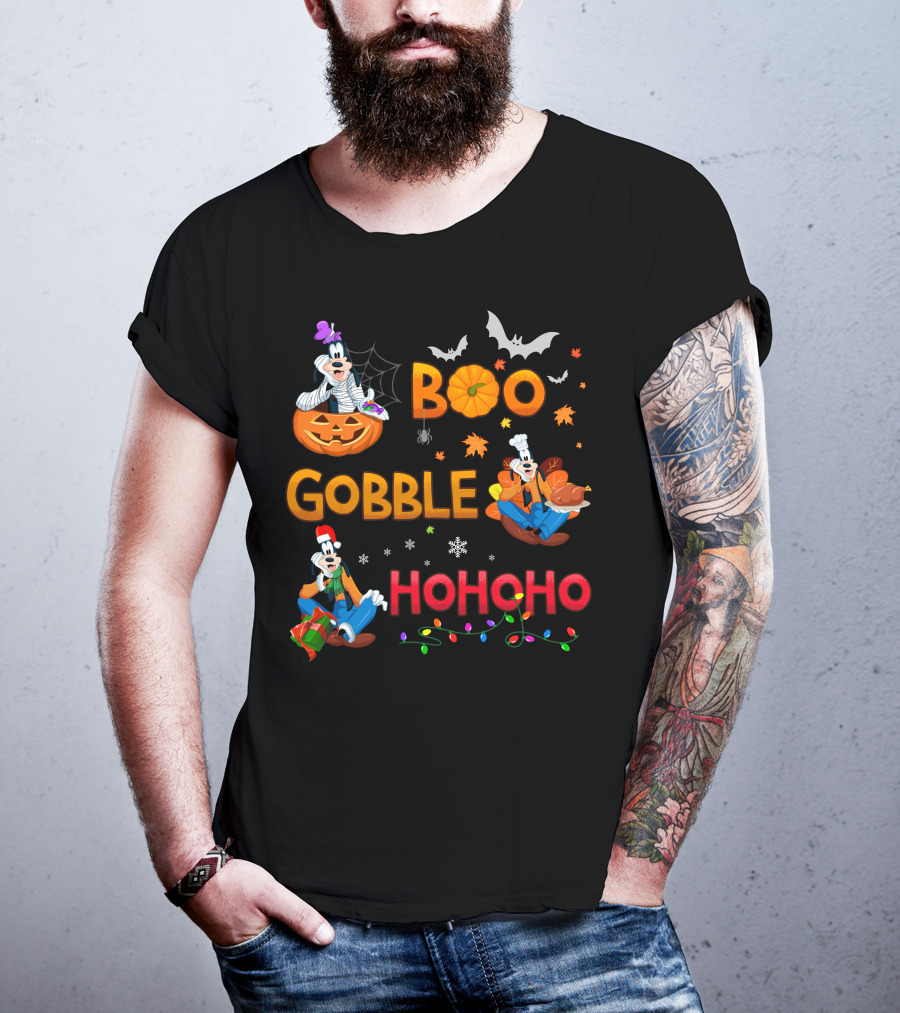 Boo Gobble Ho Ho Ho Goofy Halloween Thanksgiving Christmas T-Shirt